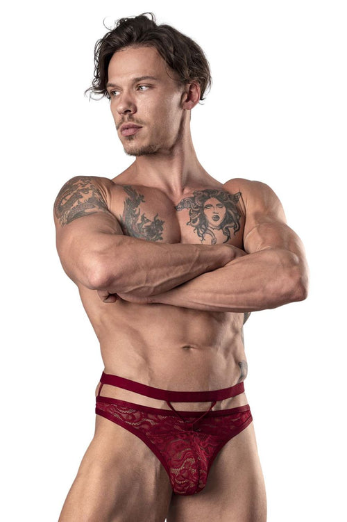 Male Power 446-289 Lucifer Cut Out Strappy Thong Color Burgundy