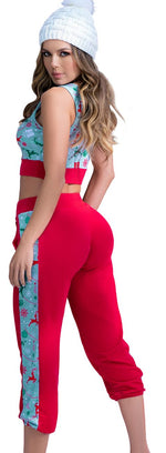 Mapale 7409 Two Piece Pajama Set. Top and Pants Color Red-Mint Print